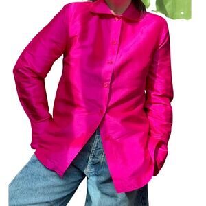 Vintage Fuchsia 100% Silk Taffeta Button Up Shirt Size Medium, OOAK, Maximalist